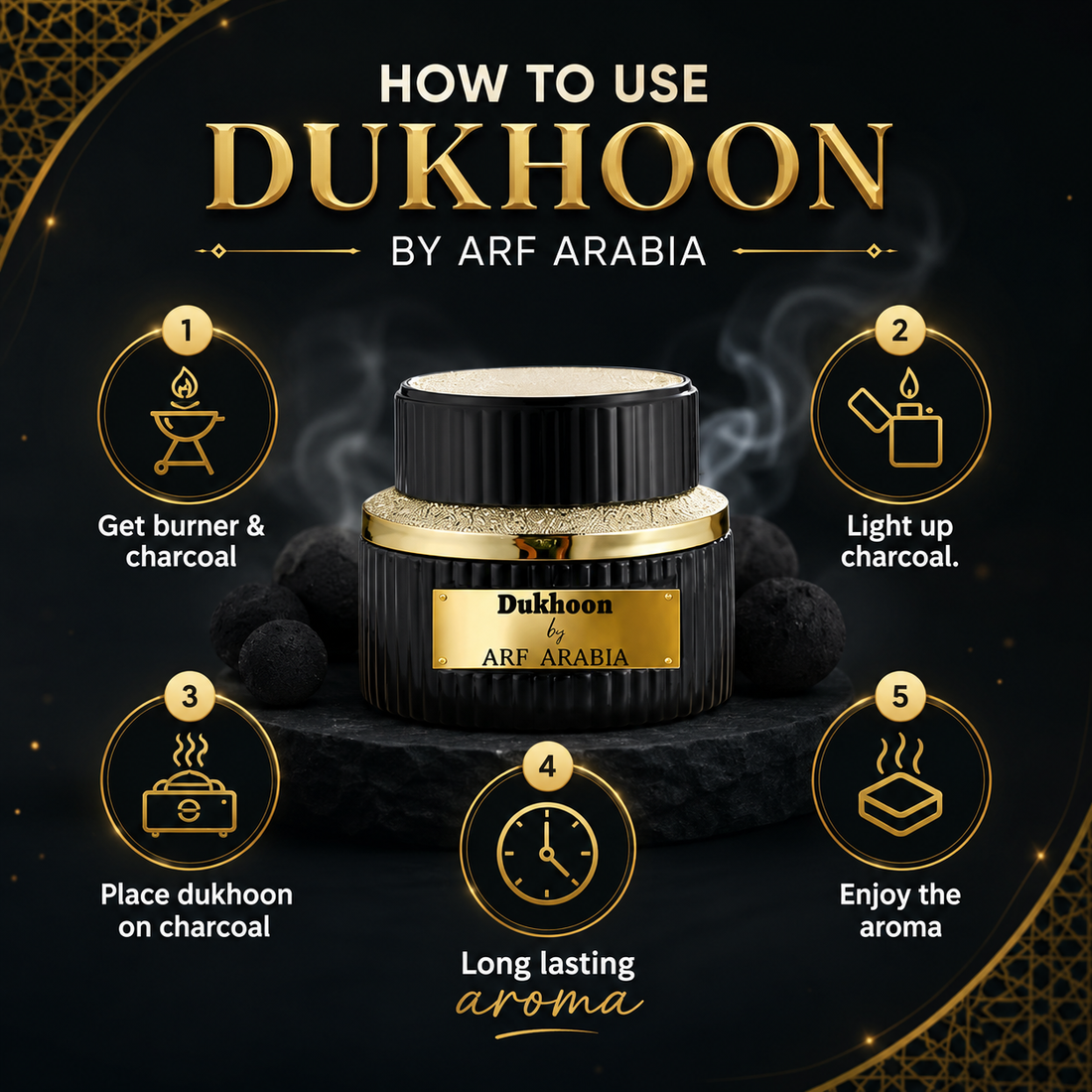 Arf Arabia Luxury Traditional Set – Marjan Dukhoon + Black Bakhoor Burner with Crystal-Top Lid