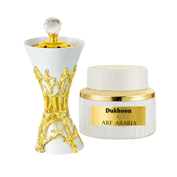 Arf Arabia Luxury Traditional Set – Taibah Dukhoon by ARF Arabia + White Bakhoor Burner with Crystal-Top Lid