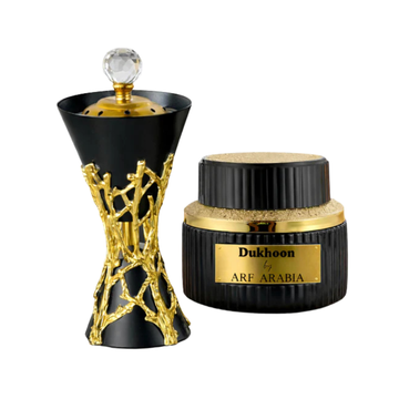 Arf Arabia Luxury Traditional Set – Marjan Dukhoon by ARF Arabia + Black Bakhoor Burner with Crystal-Top Lid