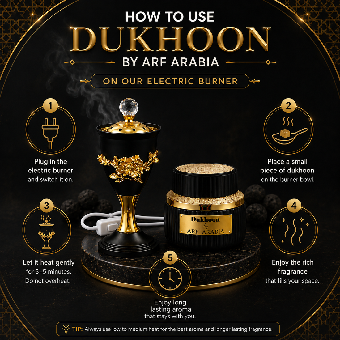 Arf Arabia Luxury Electric Set – Dukhoon Marjan + Black Electric Bakhoor Burner with Crystal Top Lid
