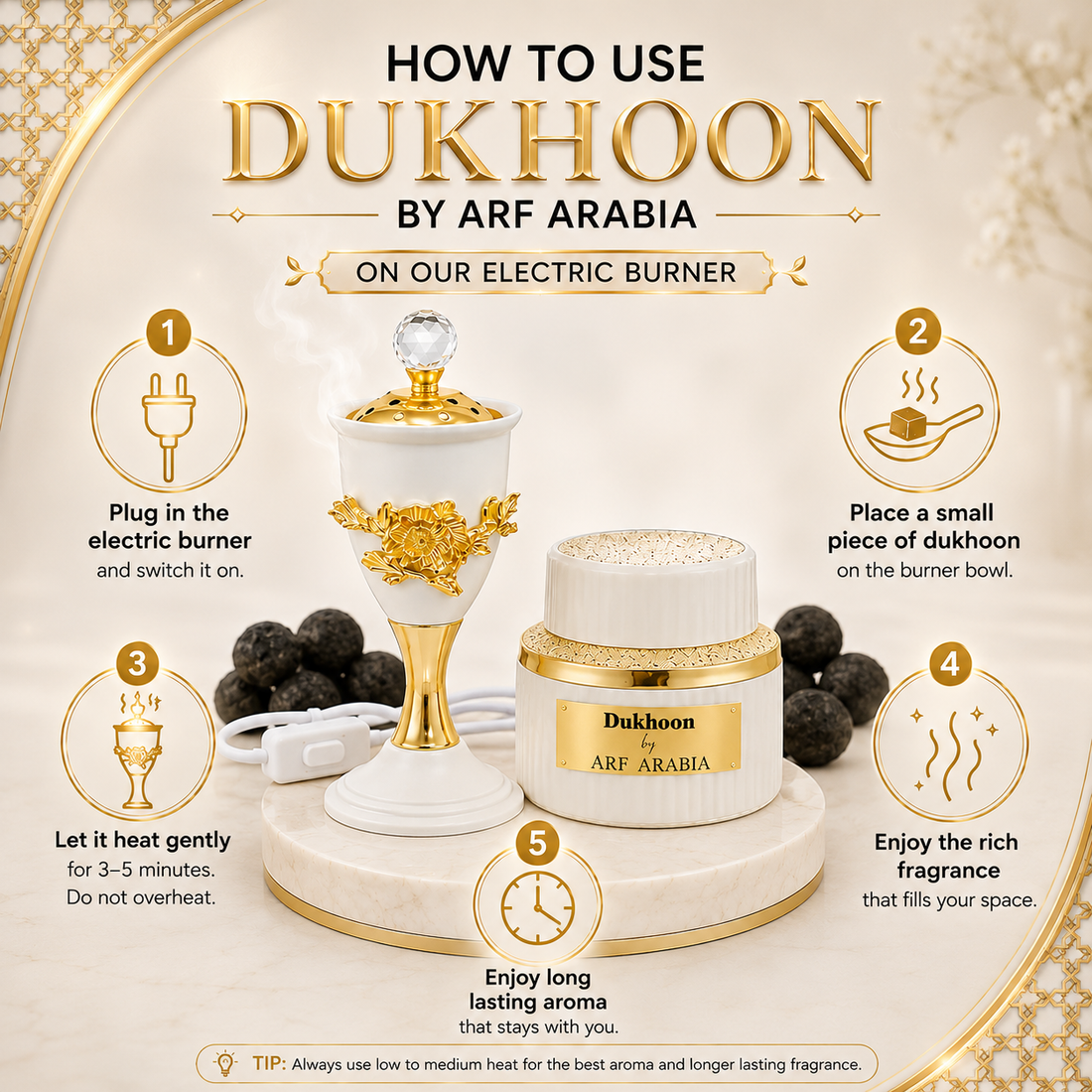 Arf Arabia Luxury Electric Set – Taibah Dukhoon + White Electric Bakhoor Burner with Crystal Top Lid
